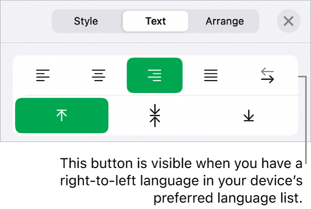 The Style section of the Format menu with a callout to the Right to Left button.