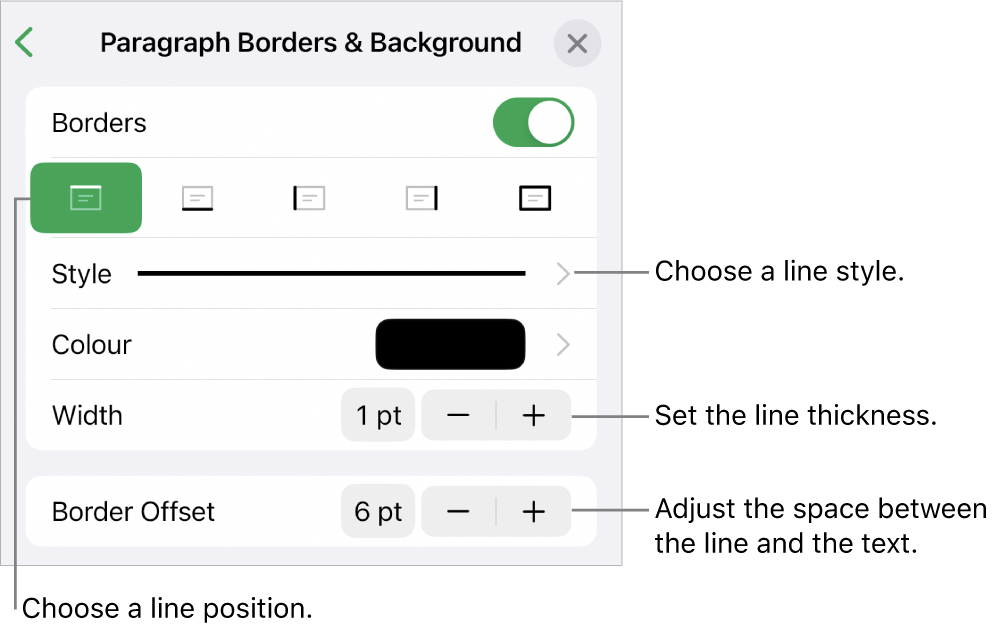 Controls to change the line style, thickness, position and colour.