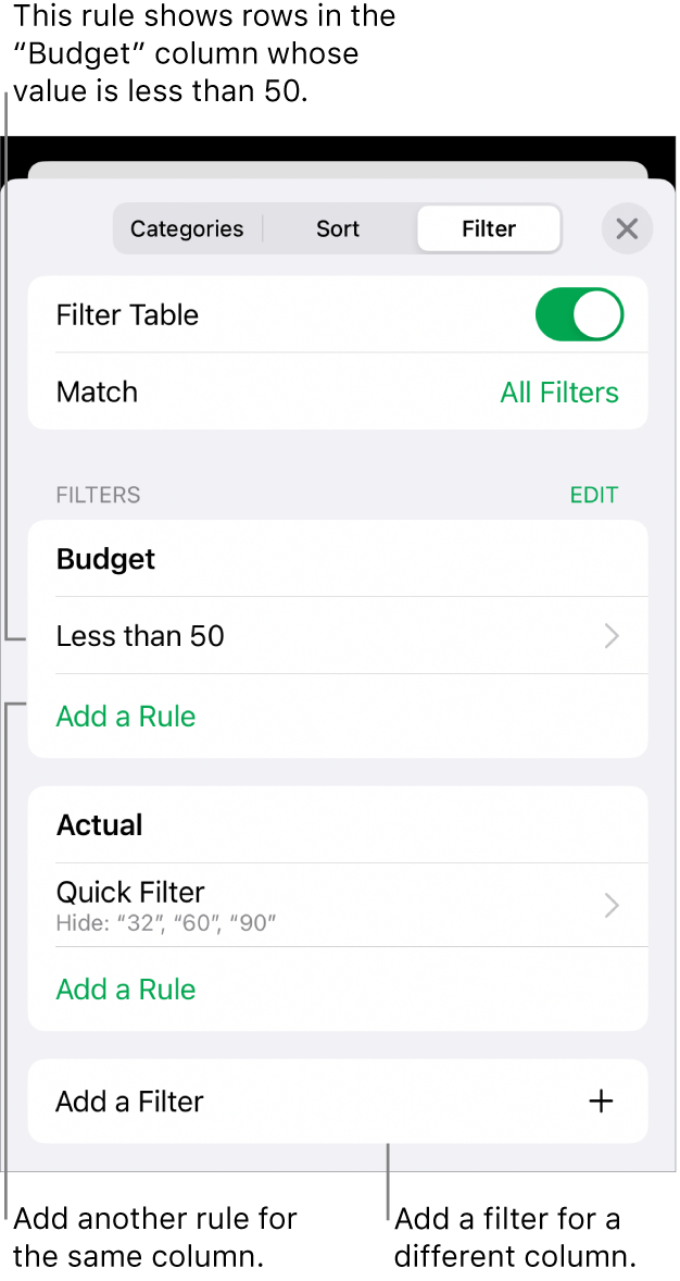 Controls for adding new filtering rules or editing existing ones.