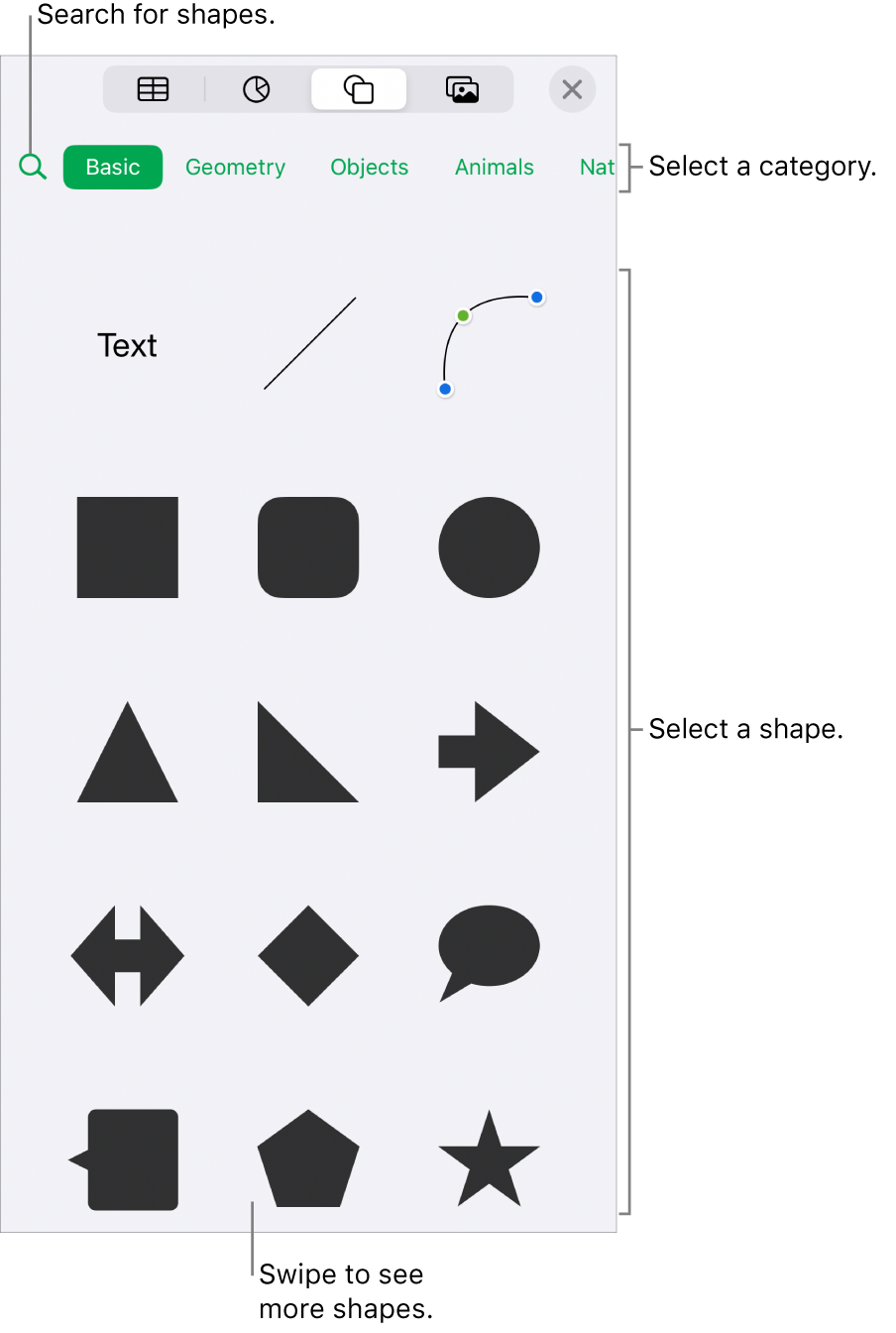 The shapes library, with categories at the top and shapes displayed below. You can use the search field at the top to find shapes and swipe to see more.