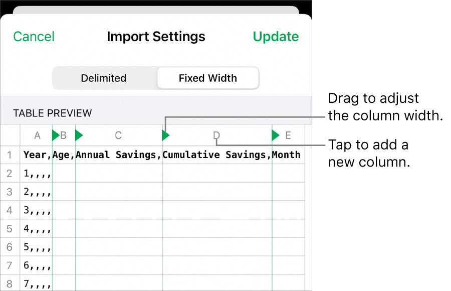 The import settings for a fixed-width text file.