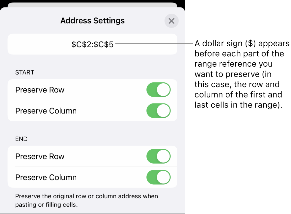 The controls for specifying which of a cell’s row and column references should be preserved if the cell is moved or copied. A dollar sign appears before each part of the range reference you want to preserve.