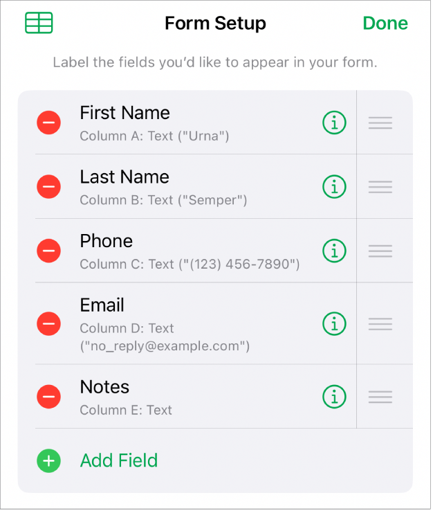 Form setup controls, showing options to add, edit, reorder, and delete fields, as well as to change the format of fields (such as from Text to Percentage).