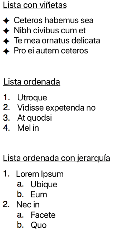 Ejemplos de listas con viñetas, ordenada y ordenada con jerarquía.