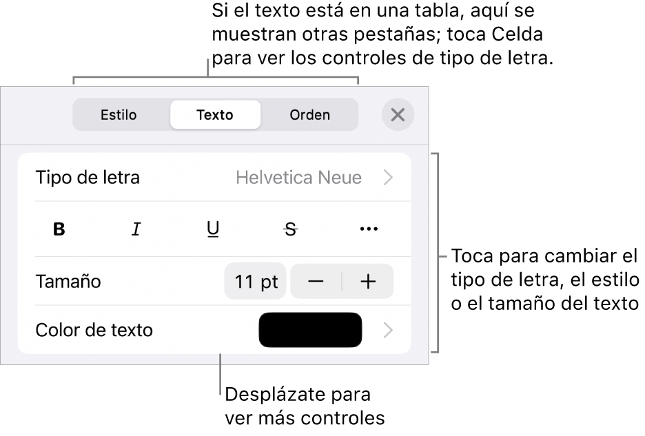 Controles de texto en el menú Formato para configurar los estilos de párrafo y carácter, tipo de letra, tamaño y color.