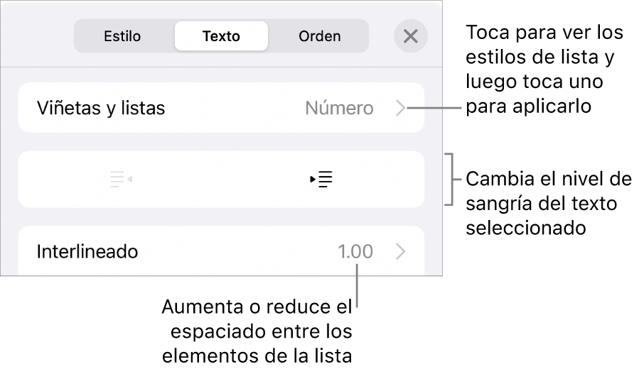 La sección Viñetas y listas de los controles de formato con texto que señala la sección Viñetas y listas, los botones de las sangría derecha o izquierda y controles de interlineado.