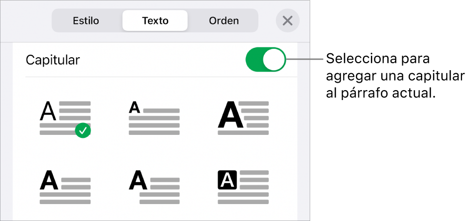 Los controles de letra capitular en el menú Texto.