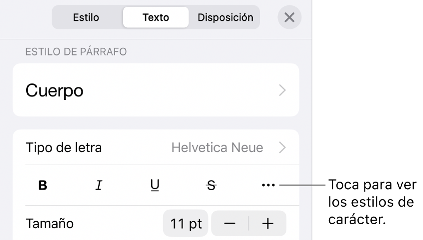 Los controles de Formato con los estilos de párrafo en la parte superior y, después, los controles de “Tipo de letra”. Debajo de “Tipo de letra” están los botones Negrita, Cursiva, Tachado y “Más opciones de texto”