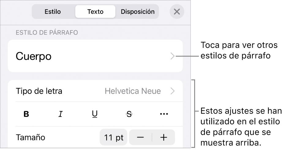 El menú Formato, que muestra controles de texto para configurar los estilos de párrafo y carácter, tipo de letra, tamaño y color.