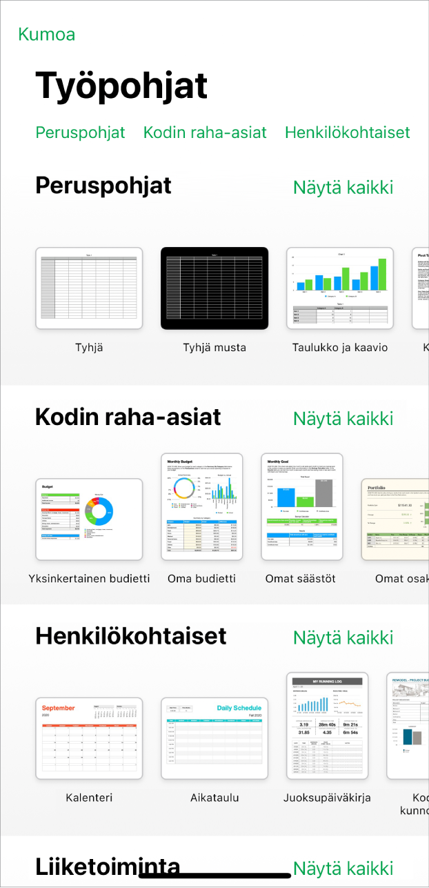 Työpohjan valitsin, jonka yläreunassa näkyy kategorioiden rivi, jota napauttamalla voidaan suodattaa vaihtoehtoja. Alla on esimääritettyjä työpohjia, jotka on järjestetty riveihin kategorian mukaan siten, että yläreunassa ovat ensin peruspohjat ja niiden jälkeen Kodin raha-asiat, Henkilökohtaiset ja Liiketoiminta. Näytä kaikki -painike tulee näkyviin kunkin kategorian yläpuolelle oikealla. Peruuta-painike on vasemmassa yläkulmassa.