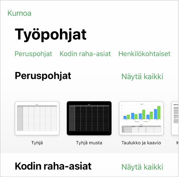 Työpohjan valitsin, jonka yläreunassa näkyy kategorioiden rivi, jota napauttamalla voidaan suodattaa vaihtoehtoja. Alla on esimääritettyjä työpohjia, jotka on järjestetty riveihin kategorian mukaan siten, että yläreunassa ovat äskeiset työpohjat ja niiden alla peruspohjat. Näytä kaikki -painike tulee näkyviin kunkin kategorian yläpuolelle oikealla.