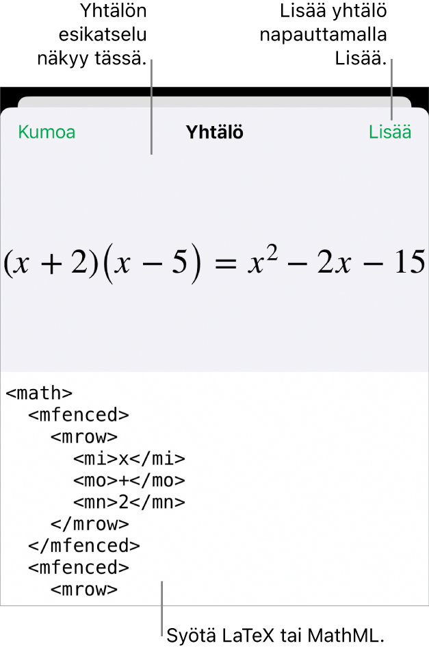 Yhtälö-valintaikkuna, jossa näkyy MathML-komentoja käyttäen syötetty yhtälö, ja yllä kaavan esikatselu.