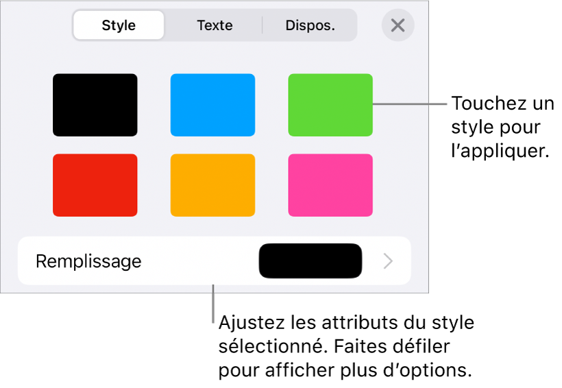 Onglet Style du menu Format avec des styles de forme en haut et, en dessous, des couleurs de remplissage.