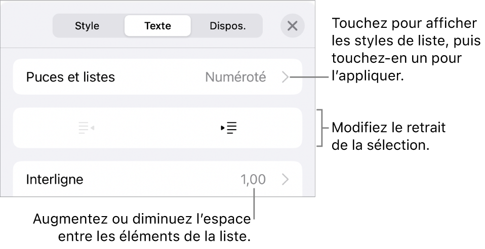 La section Puces et listes des commandes Format avec des légendes indiquant le menu Puces et listes, les boutons de retrait ou de suppression du retrait, et les commandes d’interligne.