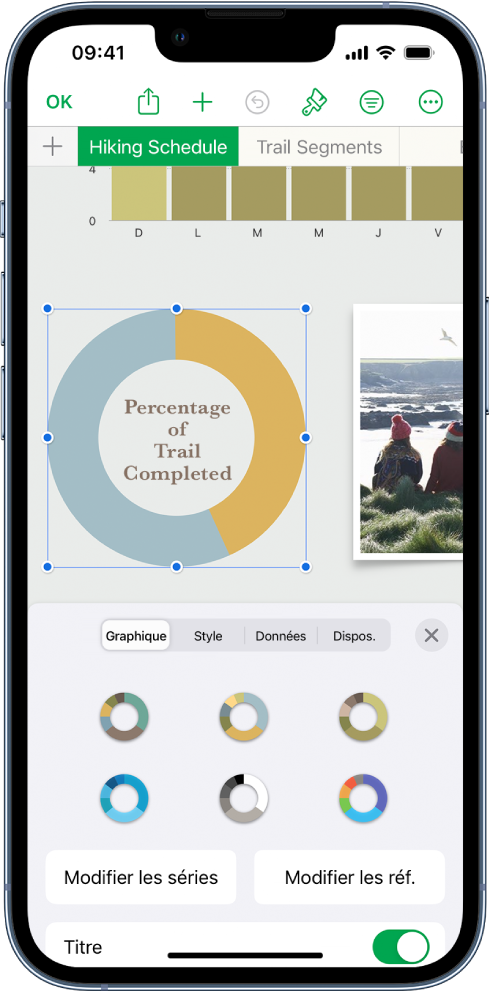 Diagramme circulaire affichant les pourcentages des randonnées terminées. Le menu Format est également ouvert, affichant différents styles de tableaux parmi lesquels choisir, ainsi que l’option de modifier les séries ou les références de graphique et d’activer ou de désactiver le titre du graphique.