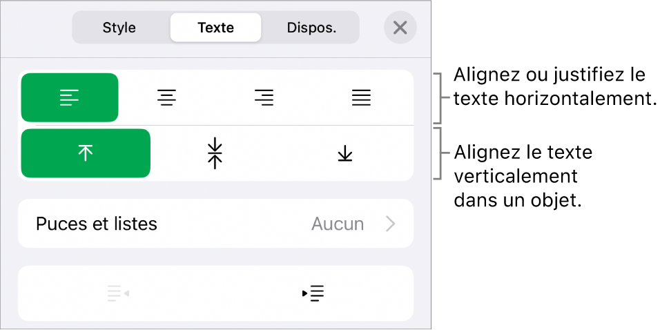 Section de mise en page de l’inspecteur de format avec les légendes des boutons d’alignement et d’espacement de texte.