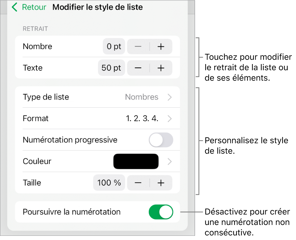 Menu Modifier le style de liste avec les commandes pour le retrait, le type et le format de liste, la numérotation progressive, la couleur et la taille, et la numérotation continue.