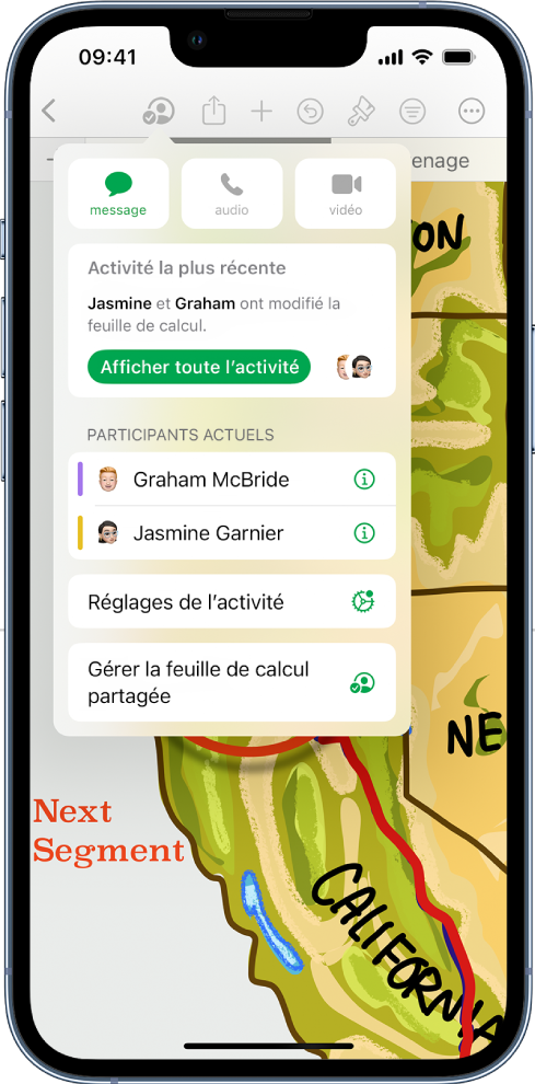 Le menu de collaboration affiche les noms des personnes qui collaborent dans la feuille de calcul.