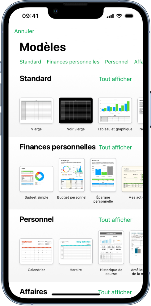 Le sélecteur de modèles affiche en haut une rangée de catégories que vous pouvez toucher pour filtrer les options. En dessous, des vignettes de modèles prédéfinis sont disposées en rangées par catégorie, en commençant en haut par Récents, suivi de Standard et de Finances personnelles. Un bouton « Voir tout » apparaît au-dessus et à droite de la ligne de chacune des catégories. Le bouton Langue et région se trouve dans le coin supérieur droit.