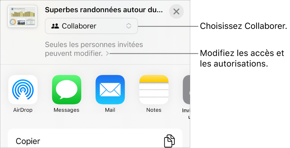 Le menu Partager avec l’option Collaborer sélectionnée en haut, et des réglages d’accès et d’autorisation en dessous.