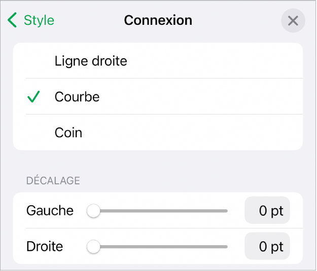 Les commandes Connexion avec l’option Courbe sélectionnée.