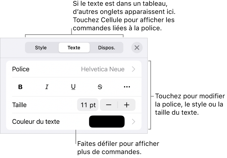 Commandes de texte du menu Format permettant de définir les styles, la police, la taille et la couleur des paragraphes et des caractères.