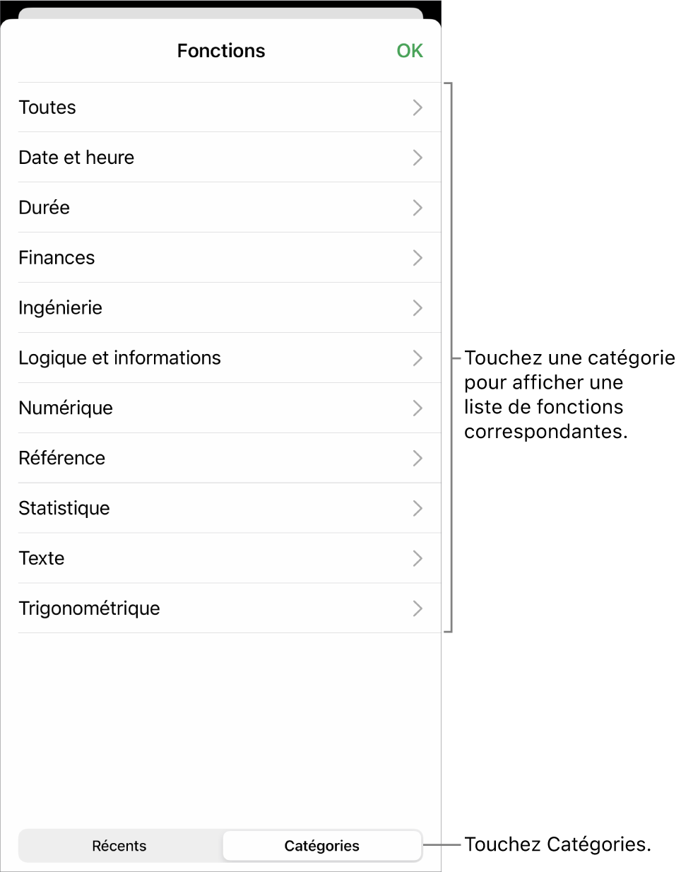 Le navigateur de fonctions avec le bouton Catégories sélectionné et la liste des catégories en dessous.