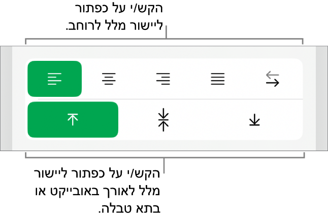 כפתורי יישור אופקי ואנכי עבור מלל.