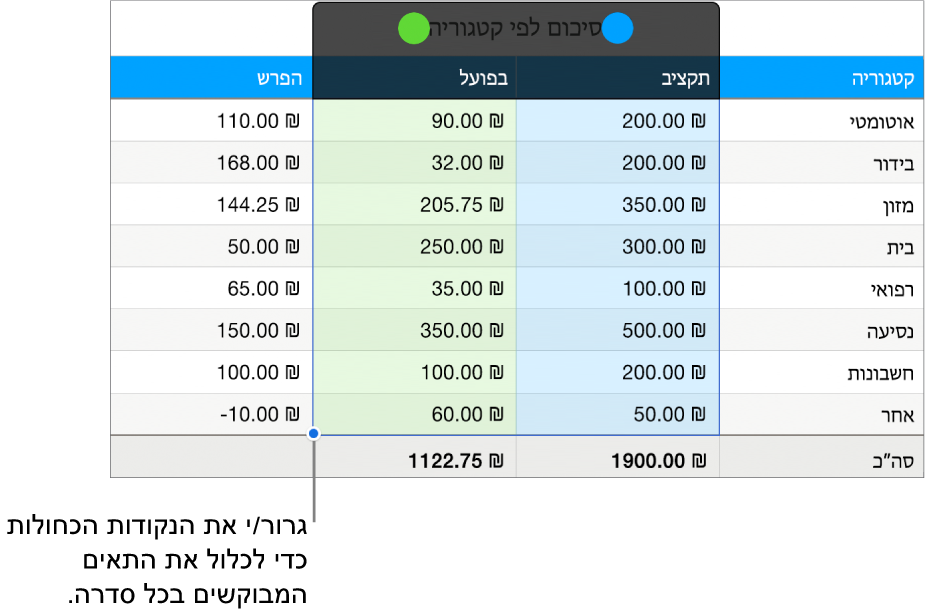 תאי טבלה המציגים ידיות לבחירת סדרה.