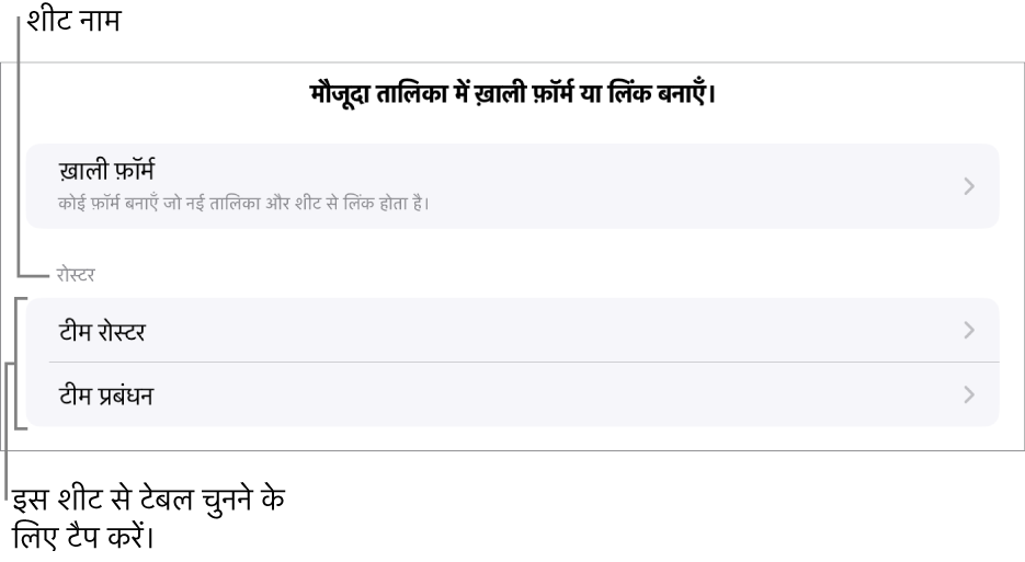 एक ही स्प्रेडशीट में शीर्ष पर ख़ाली फ़ॉर्म बनाने के विकल्प के साथ टेबल की सूची।