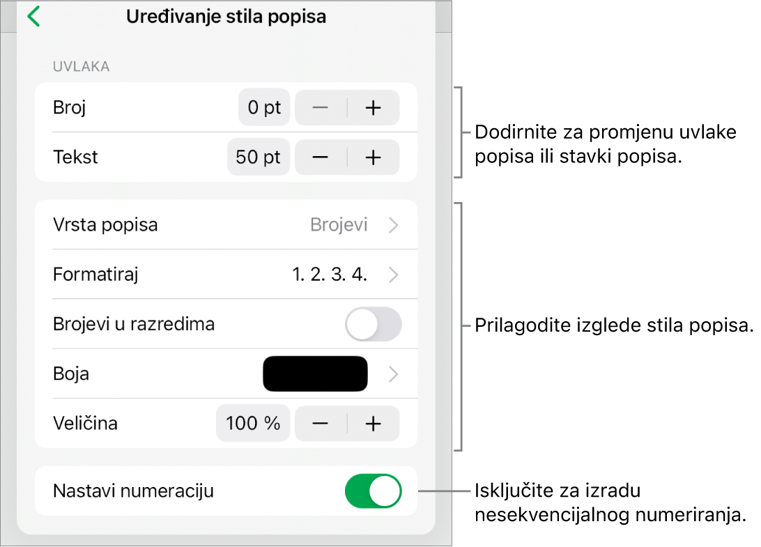 Uredite izbornik Stil popisa s kontrolama za uvučeni razmak, vrstu popisa i format, hijerarhiju brojeva, boju popisa i veličinu te nastavak numeriranja.