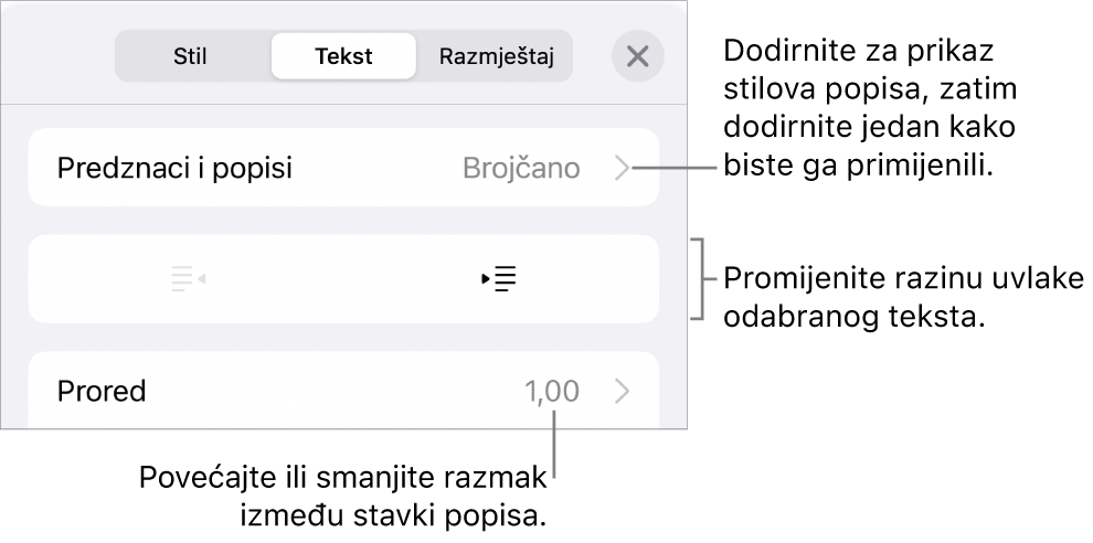 Odjeljak Predznaci i popisi kontrola formatiranja s oblačićima na Predznake i popise, tipke za izvlake i uvlake i kontrole razmaka između redaka.