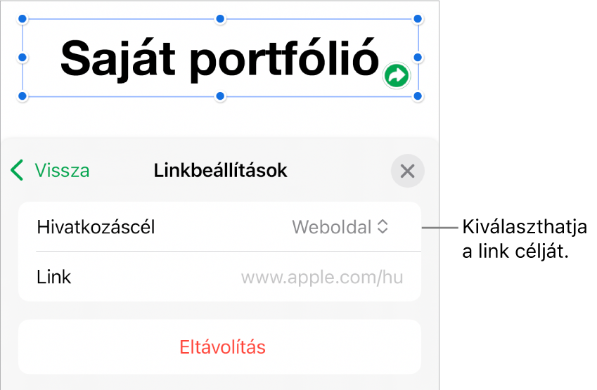 A Linkbeállítások vezérlői a kijelölt Weboldal elemmel, illetve az alul megjelenő Eltávolítás gombbal.