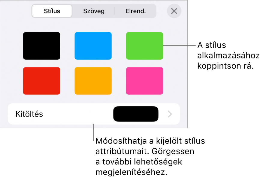 A Formátum menü Stílus lapja, felül az alakzatstílusokkal, alattuk pedig egy kitöltési színrekesszel.