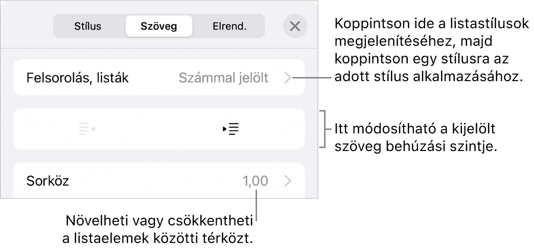 A Formátum vezérlők Felsorolások és listák része, a Felsorolásokat és a listákat, a kihúzás és a behúzás gombokat, valamint a sor térköz vezérlőket jelölő feliratokkal.