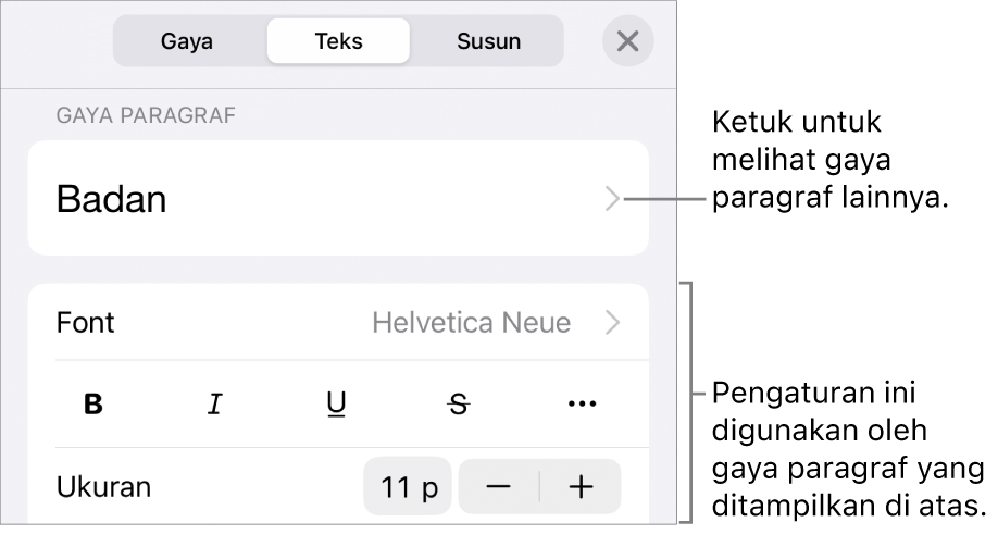 Menu Format menampilkan kontrol teks untuk mengatur paragraf dan gaya karakter, font, ukuran, dan warna.