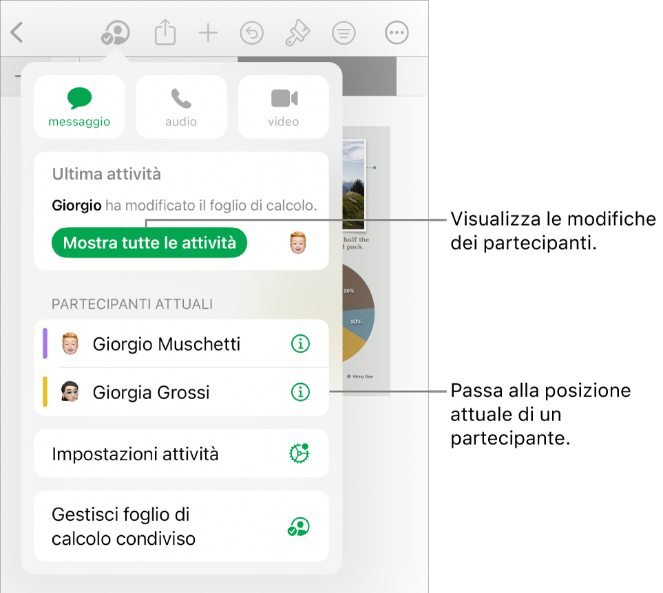 Il menu per la collaborazione i partecipanti attuali elencati.