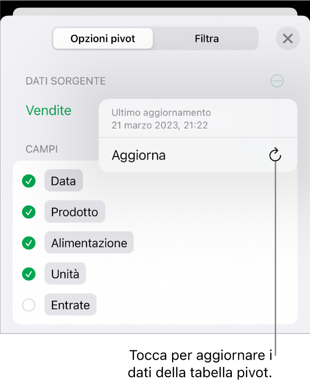 Il menu “Opzioni pivot” che mostra l’opzione per aggiornare la tabella pivot.