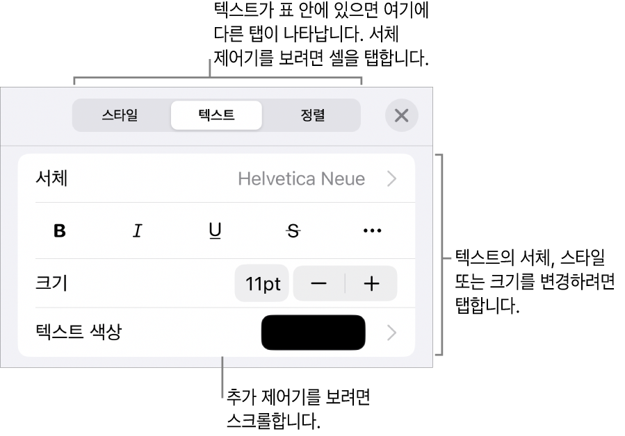 포맷 메뉴에 있는 단락, 문자 스타일, 서체, 크기 및 색상을 설정할 수 있는 텍스트 제어기.