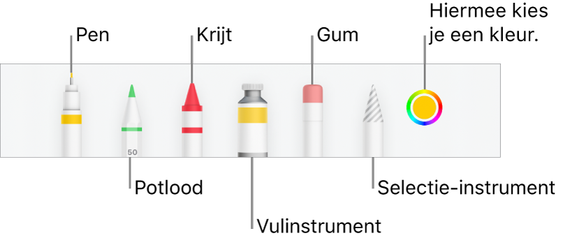 De knoppenbalk voor tekenen in Numbers op de iPhone met een pen, potlood, krijt, vulinstrument, gum en selectie-instrument en een kleurenvak met de huidige kleur.