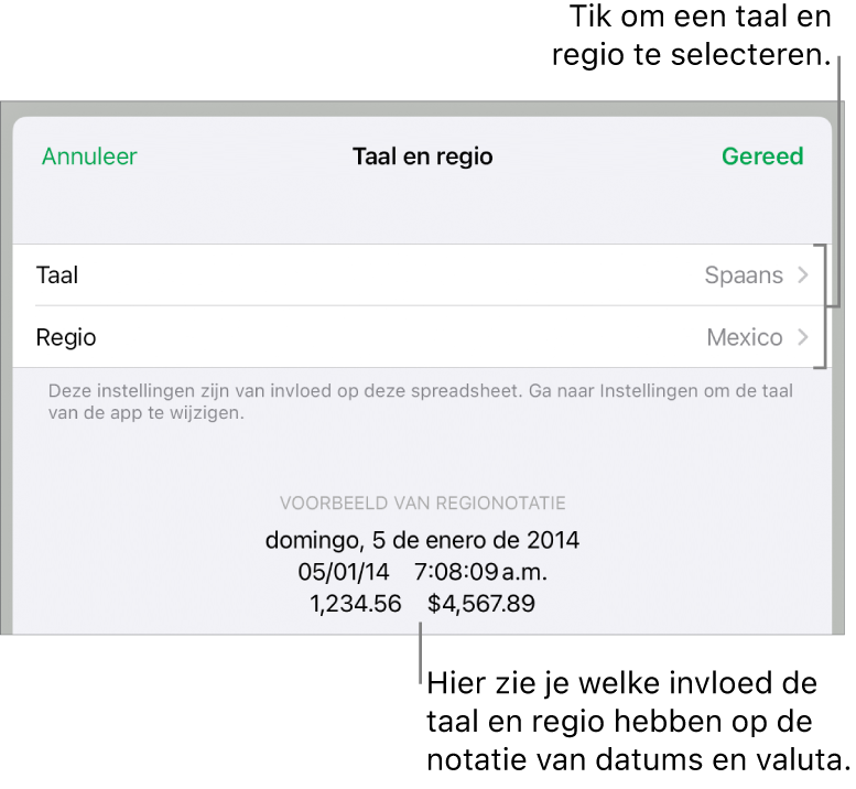 Paneel met regelaars voor de taal en regio en een voorbeeld van de notatie van datum, tijd, decimaalteken en valuta.