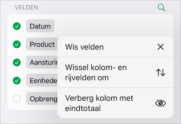 Het menu met meer veldopties, met de regelaars om eindtotalen te verbergen, kolom- en rijvelden om te wisselen en velden te wissen.