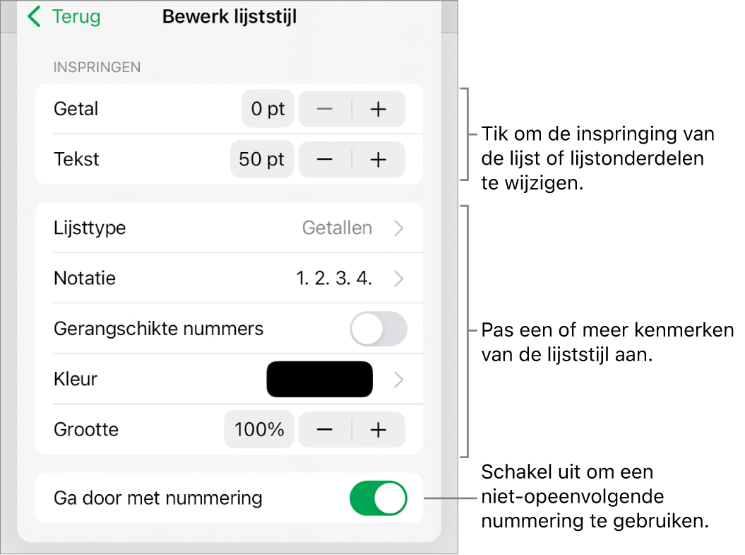 Het menu 'Bewerk lijststijl' met regelaars voor de ruimte van de inspringing, het lijsttype en de notatie, gerangschikte nummers, de kleur en grootte van de lijst, en doornummering.