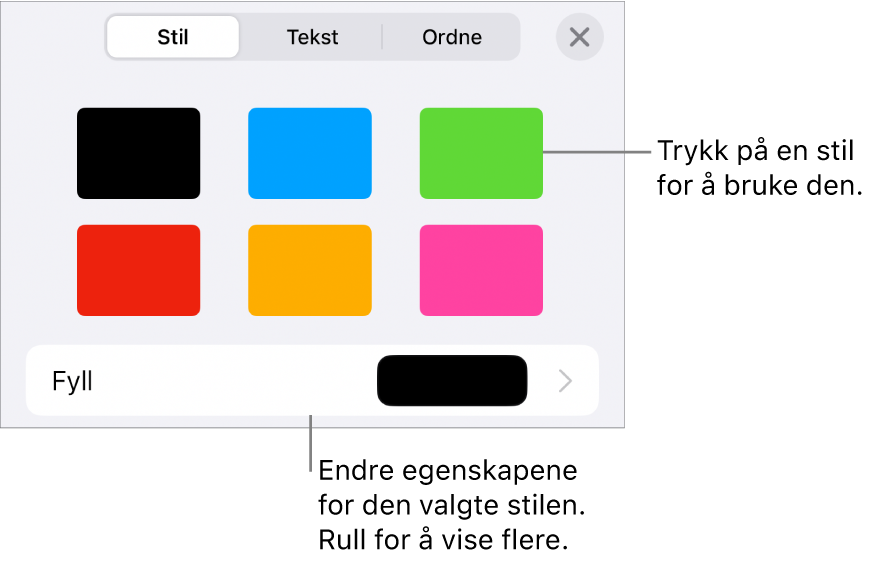 Stil-fanen i Format-menyen, med figurstiler øverst og et fargefelt for fyll under.