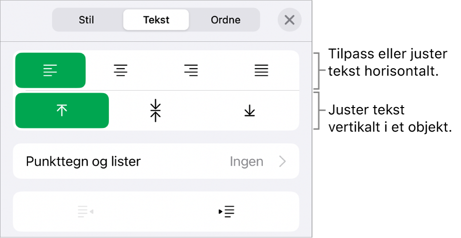 Layout-delen i formatinspektøren, med bildeforklaringer for tekstjusterings- og avstandsknappene.