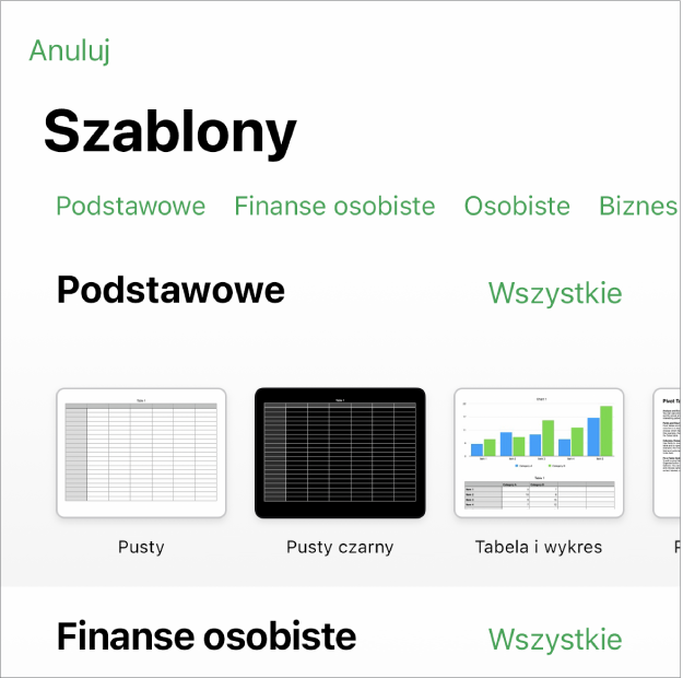 Paleta szablonów z widocznym na górze wierszem kategorii, w które możesz stuknąć, aby filtrować dostępne szablony. Poniżej widoczne są miniaturki gotowych szablonów uporządkowane wierszami według kategorii.