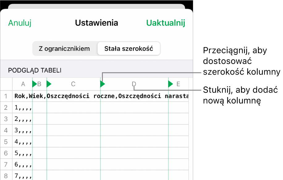 Ustawienia importowania pliku tekstowego o stałej szerokości.