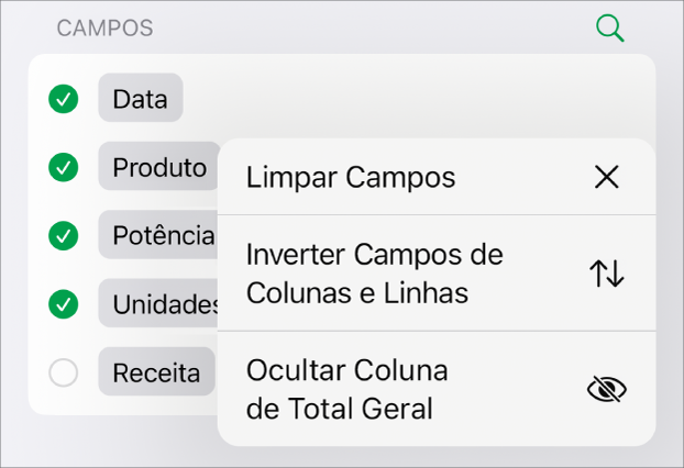 O menu Mais Opções de Campo, mostrando os controles para ocultar totais gerais, inverter campos de coluna e linha, e limpar campos.