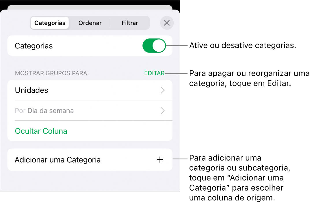 O menu Categorias para o iPhone com opções para desativar categorias, apagar categorias, reagrupar dados, ocultar uma coluna de origem e adicionar categorias.