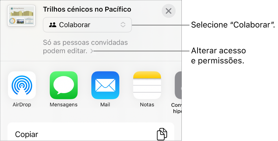 O menu "Partilha” com “Colaboração” selecionada na parte superior e as definições de acesso e permissão por baixo.
